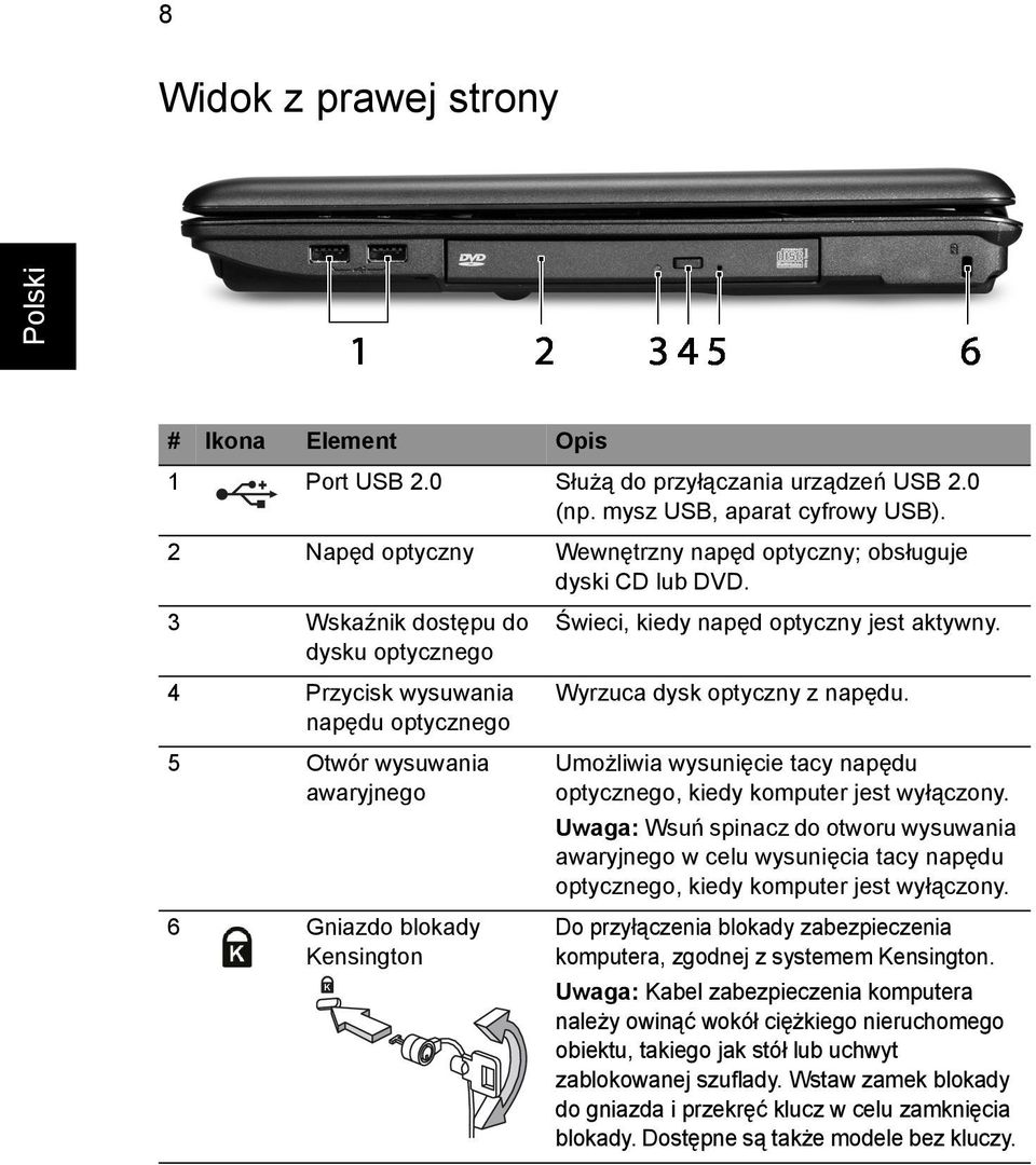 3 Wskaźnik dostępu do dysku optycznego 4 Przycisk wysuwania napędu optycznego 5 Otwór wysuwania awaryjnego 6 Gniazdo blokady Kensington Świeci, kiedy napęd optyczny jest aktywny.