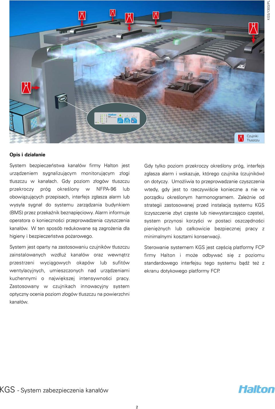 Gdy poziom złogów tłuszczu przekroczy próg określony w NFPA- lub obowiązujących przepisach, interfejs zgłasza alarm lub wysyła sygnał do systemu zarządzania budynkiem (BMS) przez przekaźnik