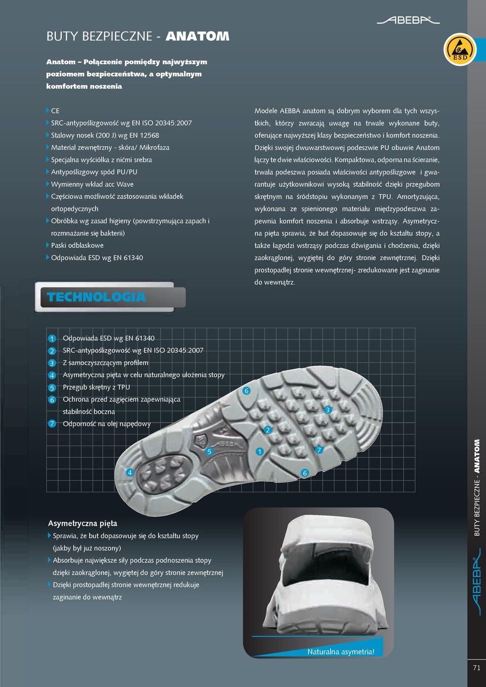 zapach i rozmnażanie się bakterii) Paski odblaskowe Odpowiada ESD wg EN 61340 TeCHnoloGia Modele AEBBA anatom są dobrym wyborem dla tych wszystkich, którzy zwracają uwagę na trwale wykonane buty,