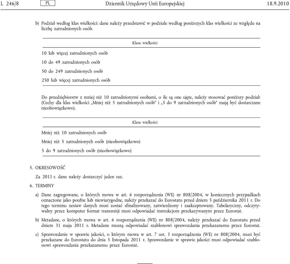 ile są one ujęte, należy stosować poniższy podział: (Cechy dla klas wielkości Mniej niż 5 zatrudnionych osób i 5 do 9 zatrudnionych osób mają być dostarczane nieobowiązkowo).