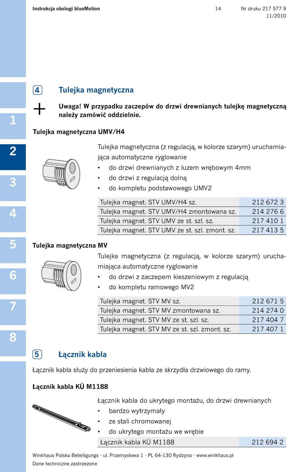 drzwi z regulacją dolną do kompletu podstawowego UMV Tulejka magnet. STV UMV/H sz.