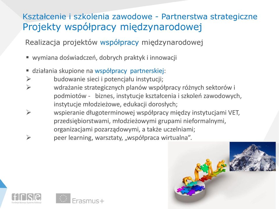 sektorów i podmiotów - biznes, instytucje kształcenia i szkoleń zawodowych, instytucje młodzieżowe, edukacji dorosłych; wspieranie długoterminowej współpracy między