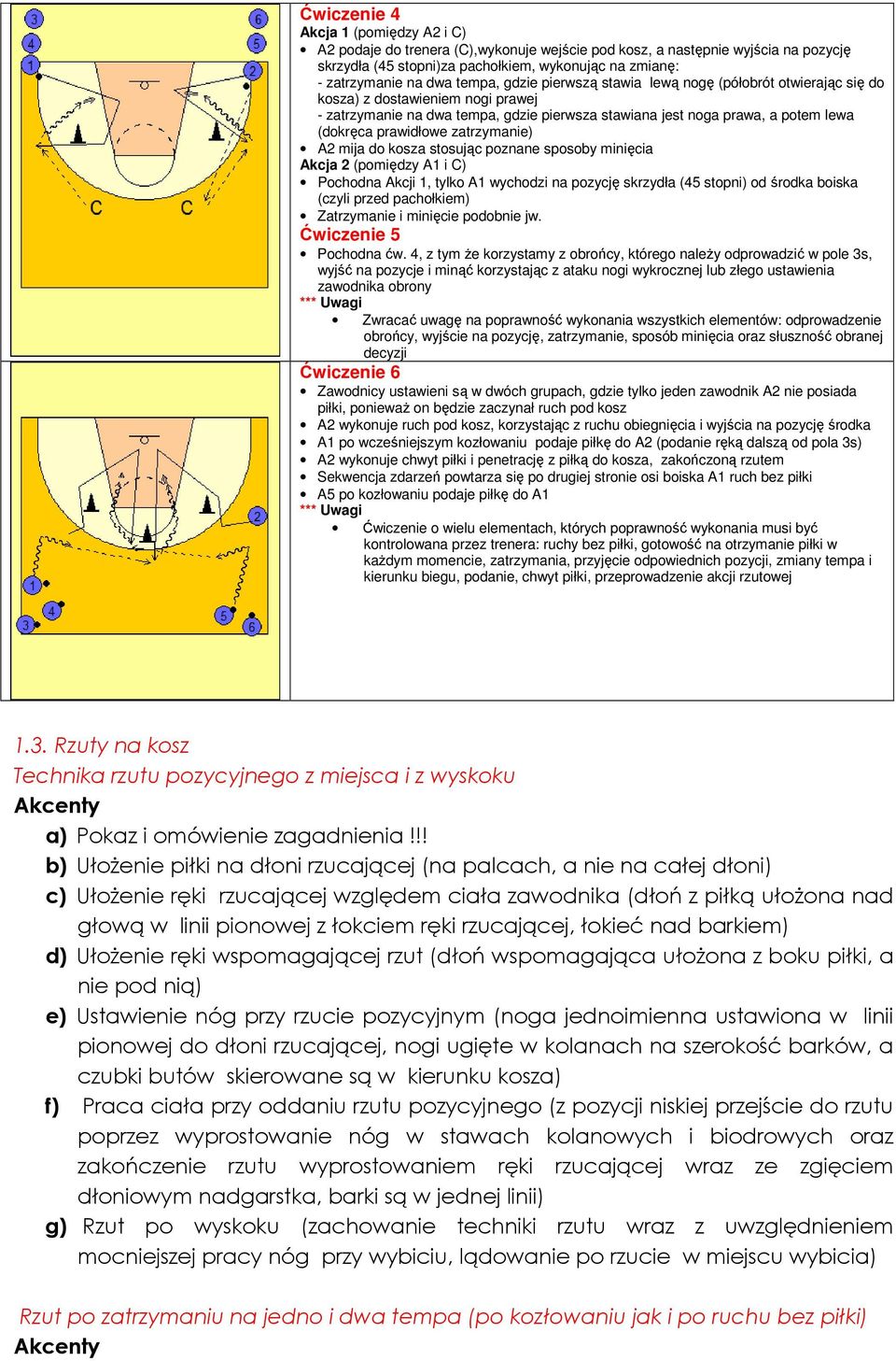 prawidłowe zatrzymanie) A2 mija do kosza stosując poznane sposoby minięcia Akcja 2 (pomiędzy A1 i C) Pochodna Akcji 1, tylko A1 wychodzi na pozycję skrzydła (45 stopni) od środka boiska (czyli przed