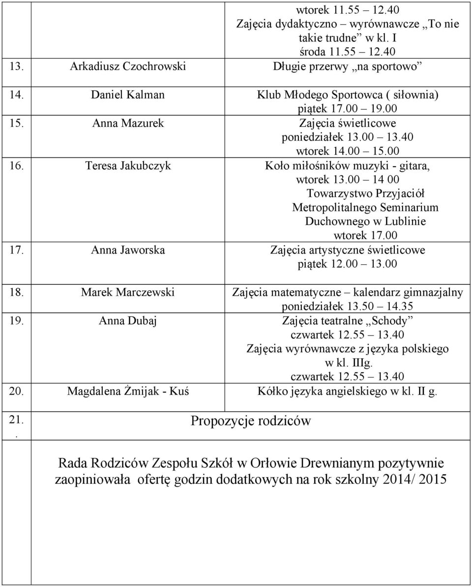 Teresa Jakubczyk Koło miłośników muzyki - gitara, wtorek 13.00 14 00 Towarzystwo Przyjaciół Metropolitalnego Seminarium Duchownego w Lublinie wtorek 17.00 17.