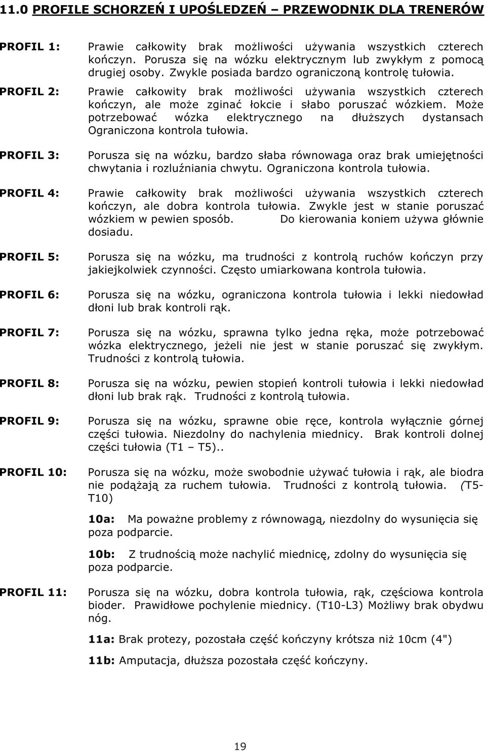 PROFIL 2: Prawie całkowity brak możliwości używania wszystkich czterech kończyn, ale może zginać łokcie i słabo poruszać wózkiem.
