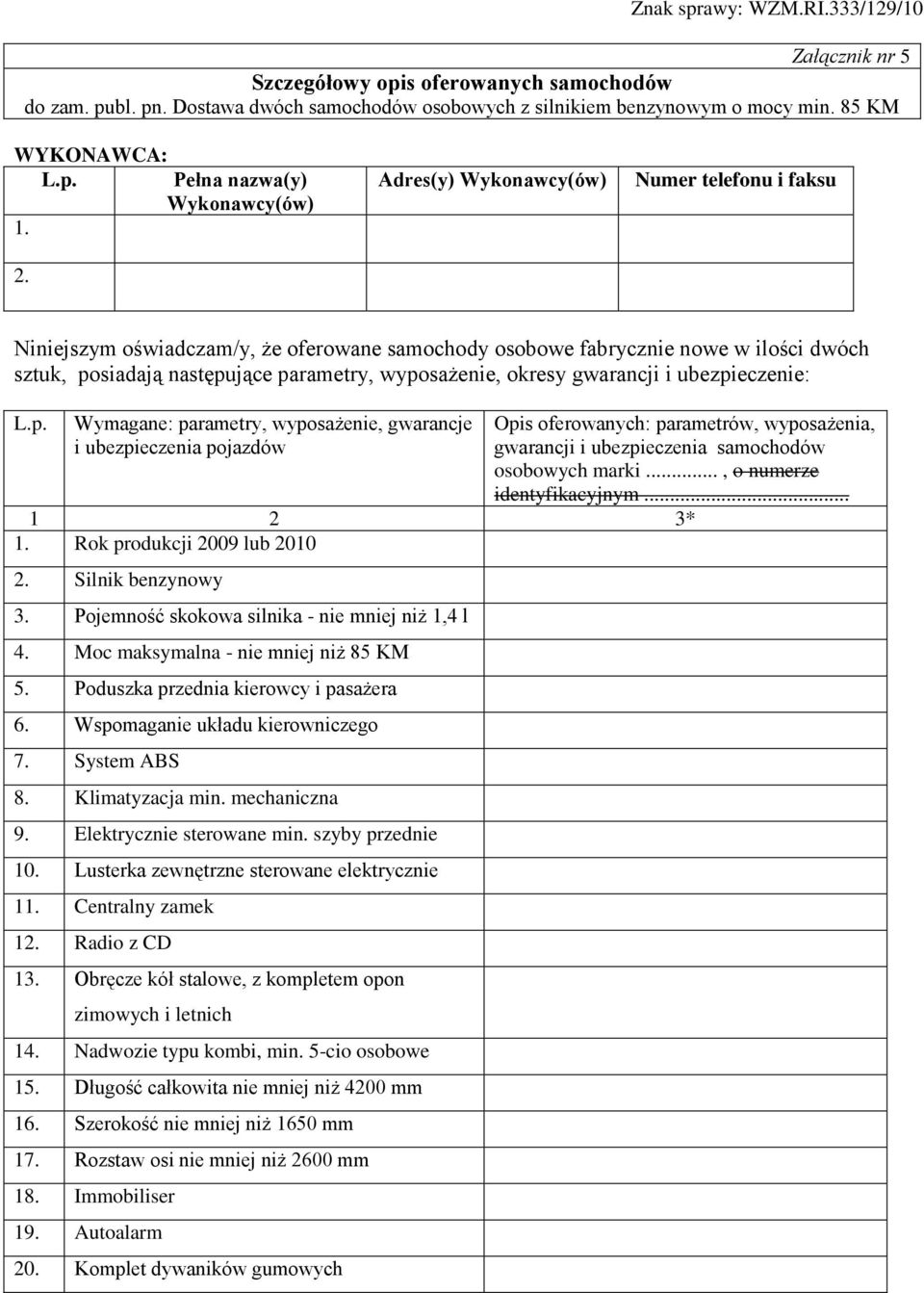 gwarancji i ubezpieczenie: Wymagane: parametry, wyposażenie, gwarancje i ubezpieczenia pojazdów Opis oferowanych: parametrów, wyposażenia, gwarancji i ubezpieczenia samochodów osobowych marki.