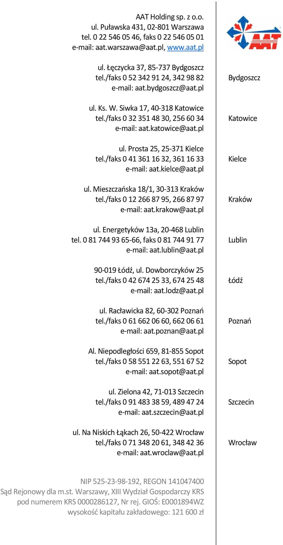 /faks 0 41 361 16 32, 361 16 33 e-mail: aat.kielce@aat.pl ul. Mieszczańska 18/1, 30-313 Kraków tel./faks 0 12 266 87 95, 266 87 97 e-mail: aat.krakow@aat.pl ul. Energetyków 13a, 20-468 Lublin tel.
