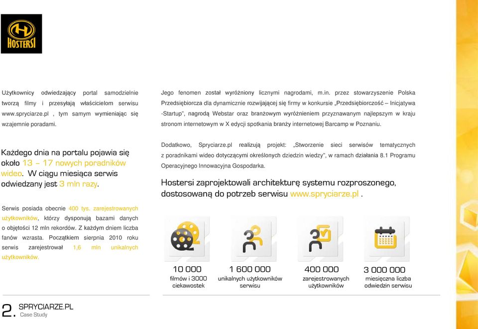 przez stowarzyszenie Polska Przedsiębiorcza dla dynamicznie rozwijającej się firmy w konkursie Przedsiębiorczość Inicjatywa -Startup, nagrodą Webstar oraz branżowym wyróżnieniem przyznawanym