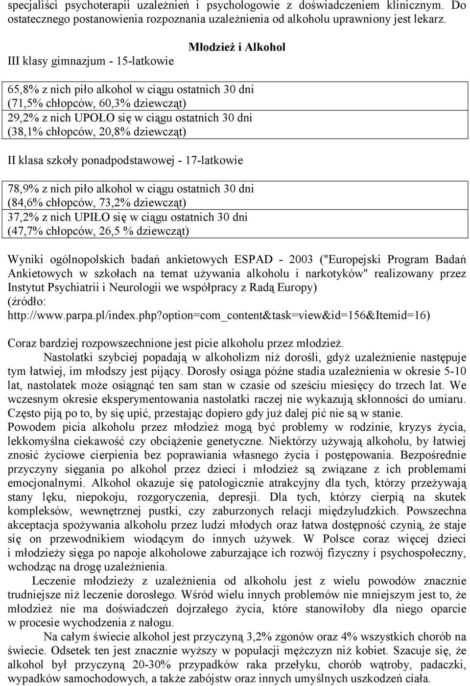 chłopców, 20,8% dziewcząt) II klasa szkoły ponadpodstawowej - 17-latkowie 78,9% z nich piło alkohol w ciągu ostatnich 30 dni (84,6% chłopców, 73,2% dziewcząt) 37,2% z nich UPIŁO się w ciągu ostatnich