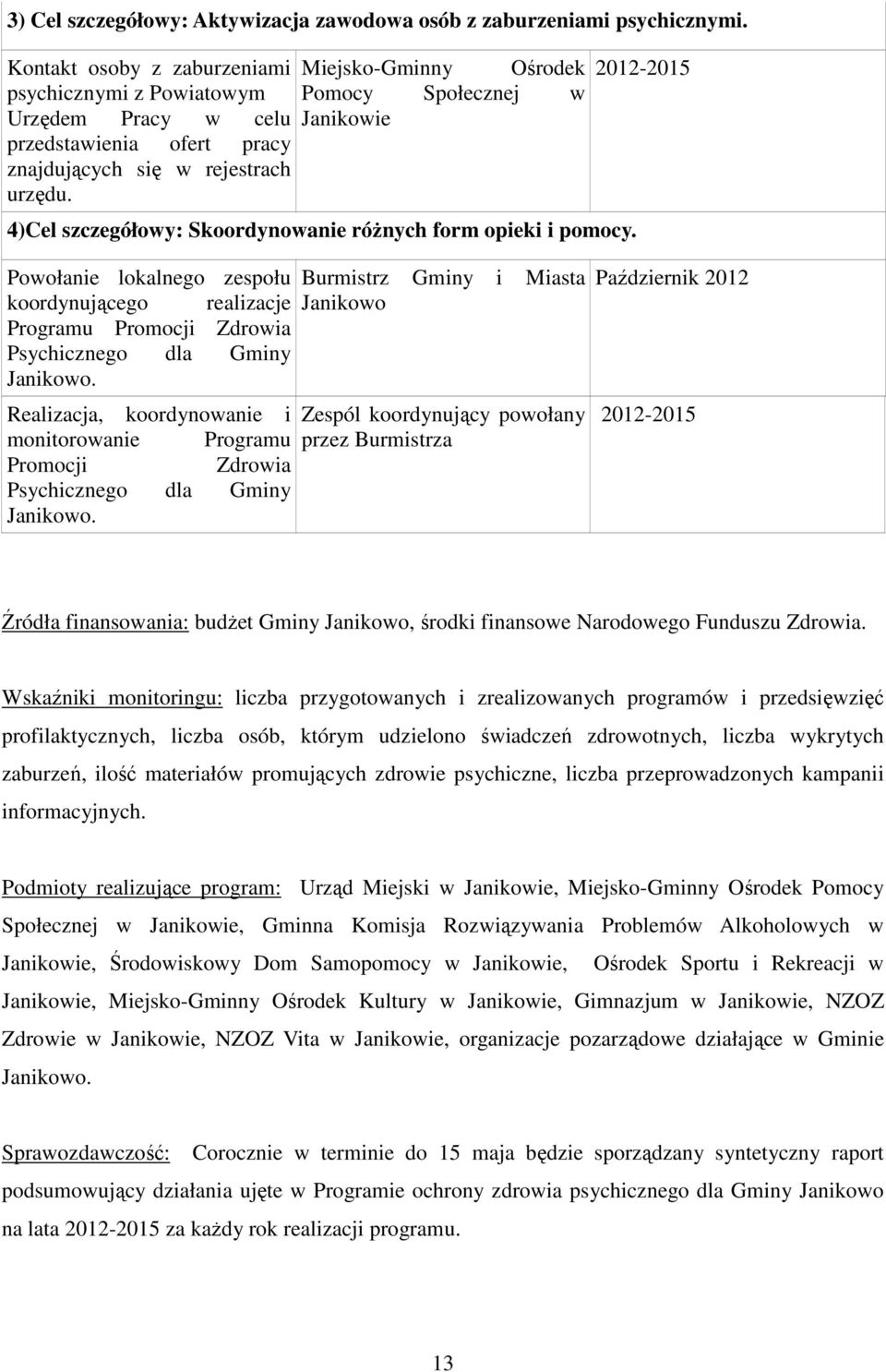 Miejsko-Gminny Ośrodek Pomocy Społecznej w Janikowie 4)Cel szczegółowy: Skoordynowanie róŝnych form opieki i pomocy.