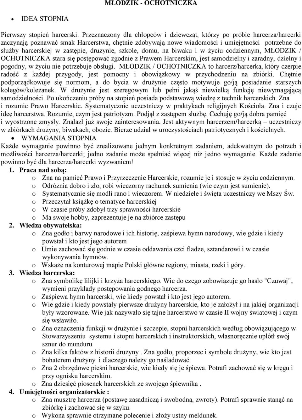 zastępie, drużynie, szkole, domu, na biwaku i w życiu codziennym, MŁODZIK / OCHOTNICZKA stara się postępować zgodnie z Prawem Harcerskim, jest samodzielny i zaradny, dzielny i pogodny, w życiu nie