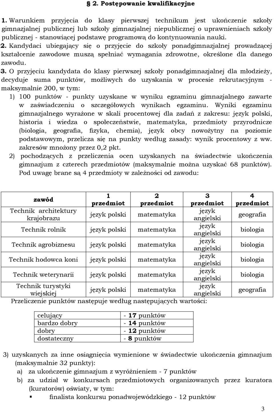 programową do kontynuowania nauki. 2. Kandydaci ubiegający się o przyjęcie do szkoły ponadgimnazjalnej prowadzącej kształcenie zawodowe muszą spełniać wymagania zdrowotne, określone dla danego zawodu.