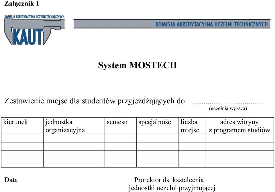 .. (uczelnia wyższa) kierunek jednostka organizacyjna semestr