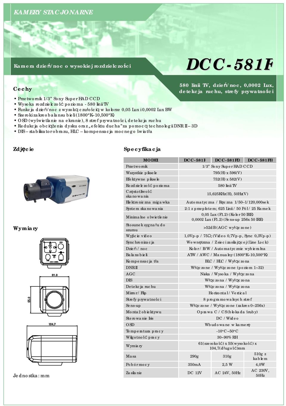 II 3D DIS stabilizator obrazu, HLC kompensacja mocnego światła 580 linii TV, dzień/noc, 0,0002 Lux, detekcja ruchu, strefy prywatności Wszystkie piksele Efektywne piksele DCC-581F DCC-581FD DCC-581FH