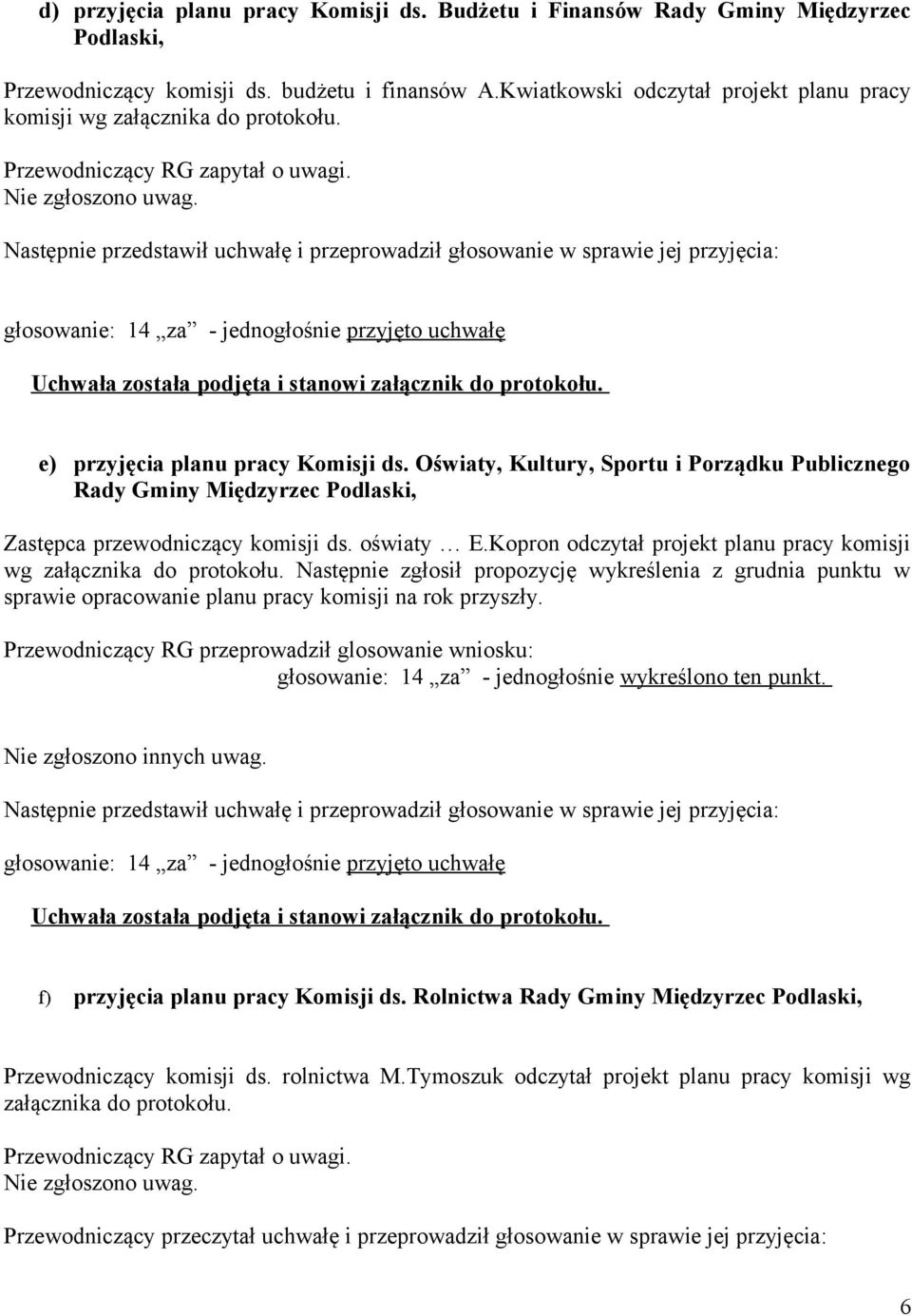 Następnie przedstawił uchwałę i przeprowadził głosowanie w sprawie jej przyjęcia: e) przyjęcia planu pracy Komisji ds.