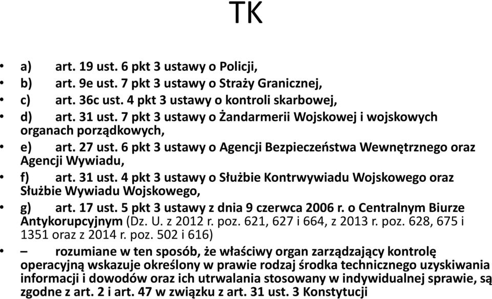 4 pkt 3 ustawy o Służbie Kontrwywiadu Wojskowego oraz Służbie Wywiadu Wojskowego, g) art. 17 ust. 5 pkt 3 ustawy z dnia 9 czerwca 2006 r. o Centralnym Biurze Antykorupcyjnym (Dz. U. z 2012 r. poz.