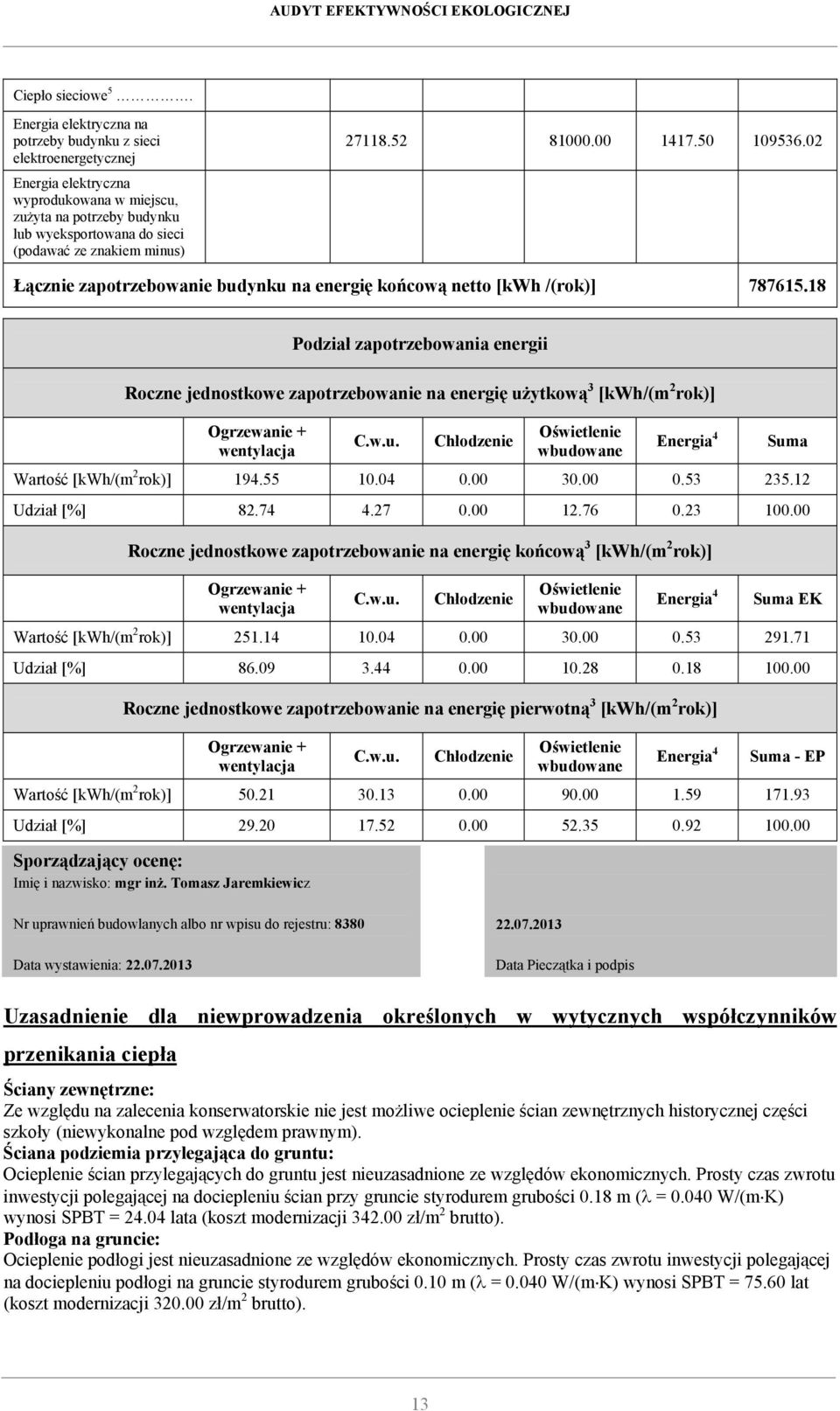 27118.52 81000.00 1417.50 109536.02 Łącznie zapotrzebowanie budynku na energię końcową netto [kwh /(rok)] 787615.