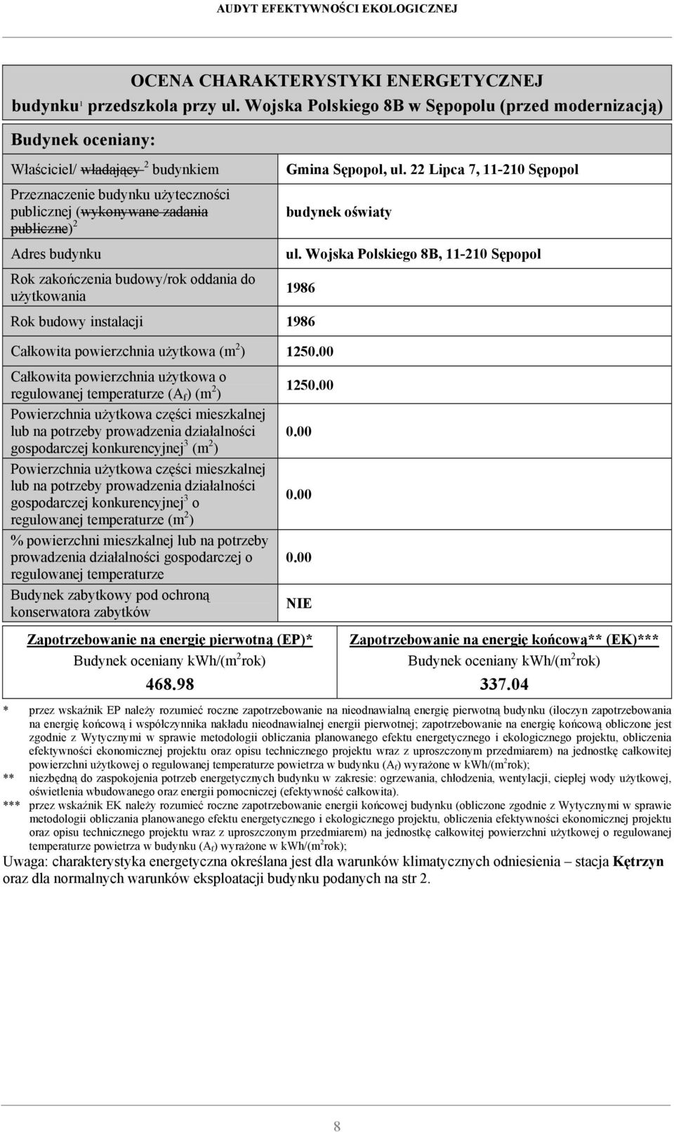 Rok zakończenia budowy/rok oddania do użytkowania Rok budowy instalacji Gmina Sępopol, ul. 22 Lipca 7, 11-210 Sępopol budynek oświaty ul.