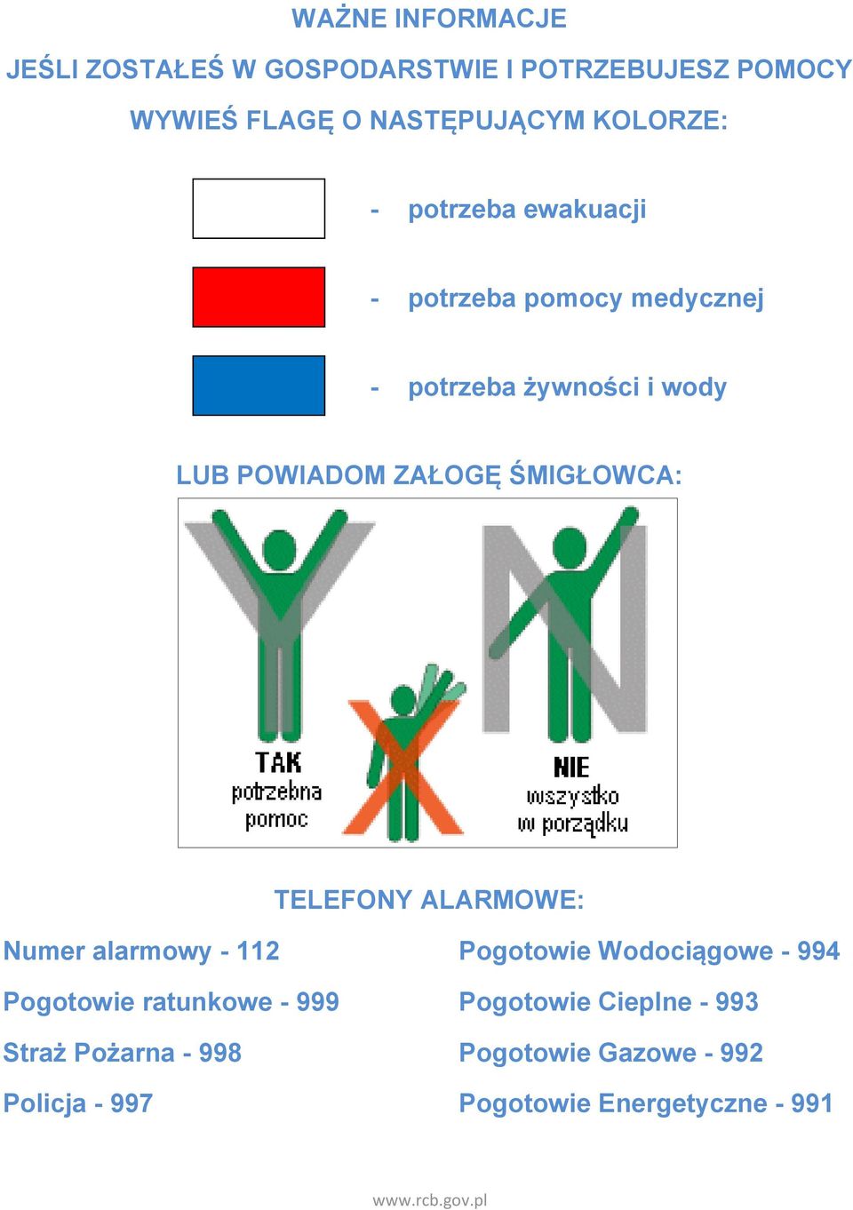 ŚMIGŁOWCA: TELEFONY ALARMOWE: Numer alarmowy - 112 Pogotowie ratunkowe - 999 Straż Pożarna - 998 Policja