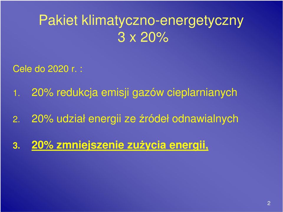 20% redukcja emisji gazów cieplarnianych 2.