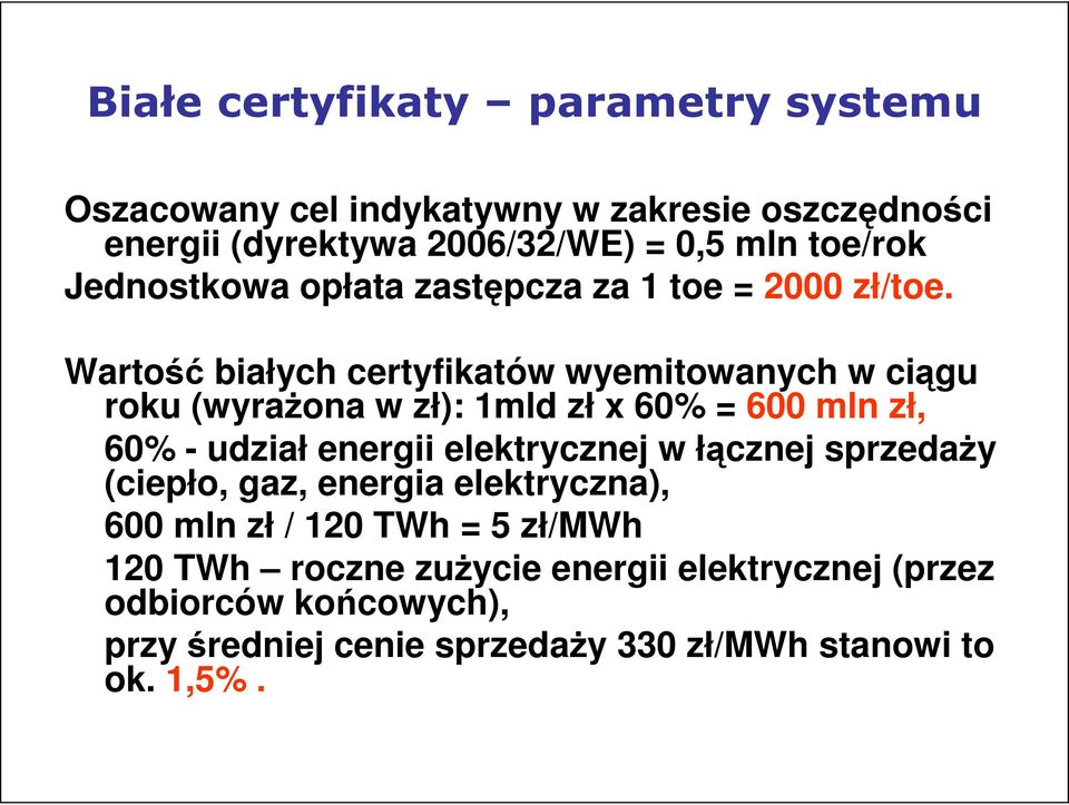 Wartość białych certyfikatów wyemitowanych w ciągu roku (wyrażona w zł): 1mld zł x 60% = 600 mln zł, 60% - udział energii elektrycznej w