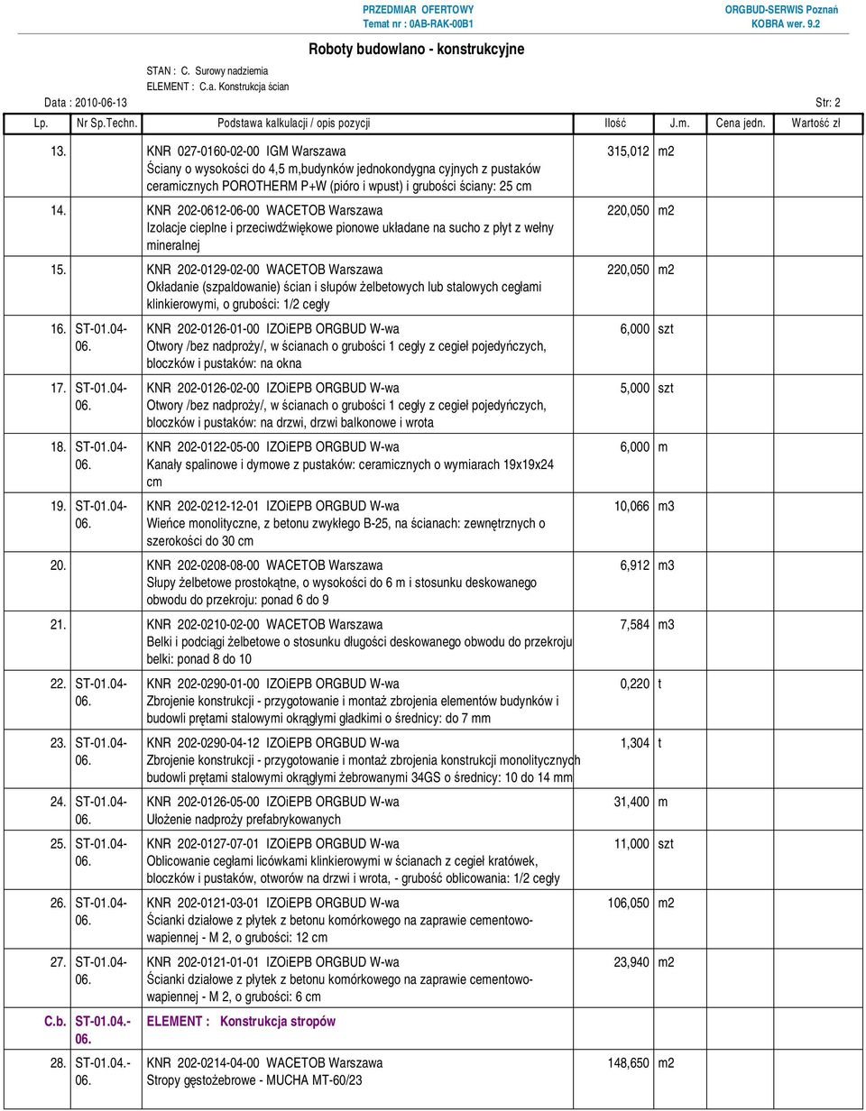 KNR 202-0612-06-00 WACETOB Warszawa 220,050 m2 Izolacje cieplne i przeciwdźwiękowe pionowe układane na sucho z płyt z wełny mineralnej 15.