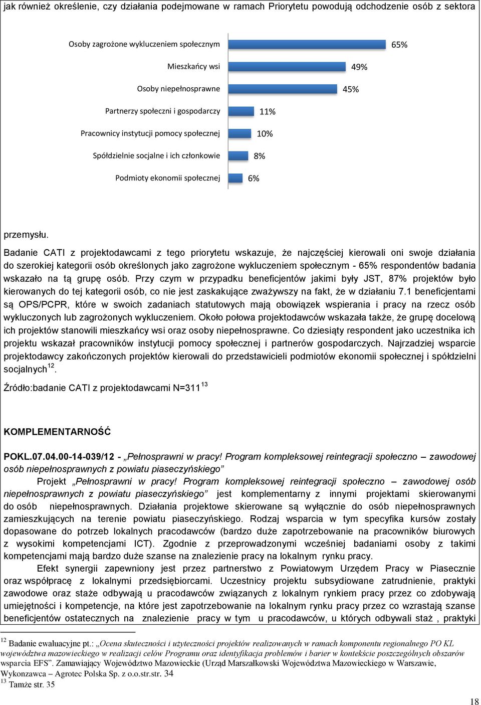 Badanie CATI z projektodawcami z tego priorytetu wskazuje, że najczęściej kierowali oni swoje działania do szerokiej kategorii osób określonych jako zagrożone wykluczeniem społecznym - 65%