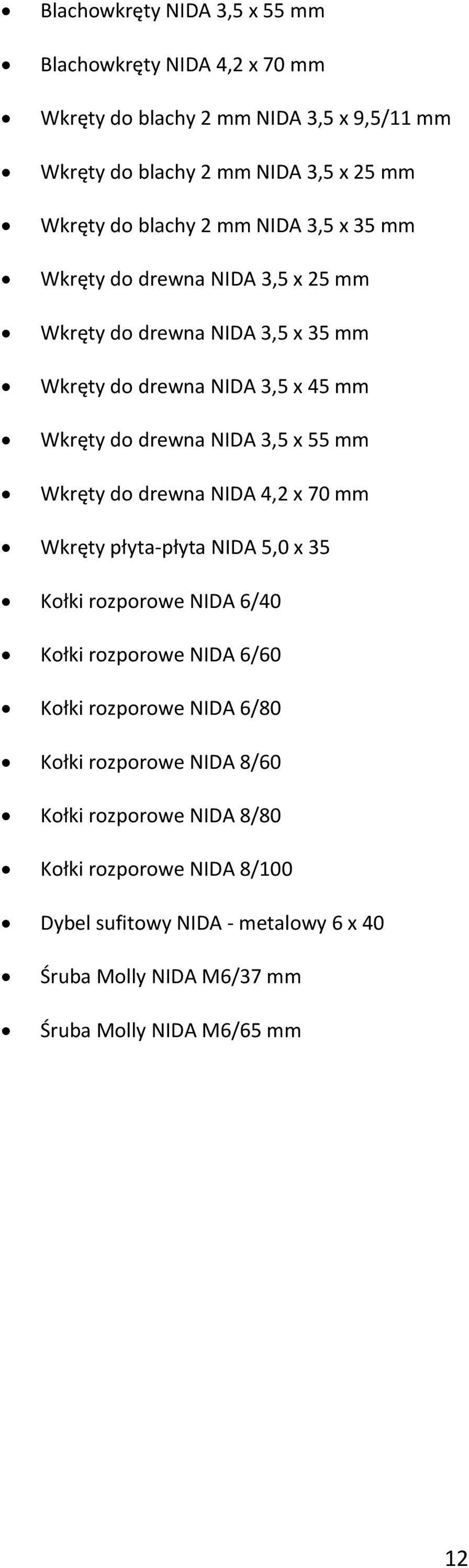 Wkręty do drewna NIDA 4,2 x 70 mm Wkręty płyta-płyta NIDA 5,0 x 35 Kołki rozporowe NIDA 6/40 Kołki rozporowe NIDA 6/60 Kołki rozporowe NIDA 6/80 Kołki