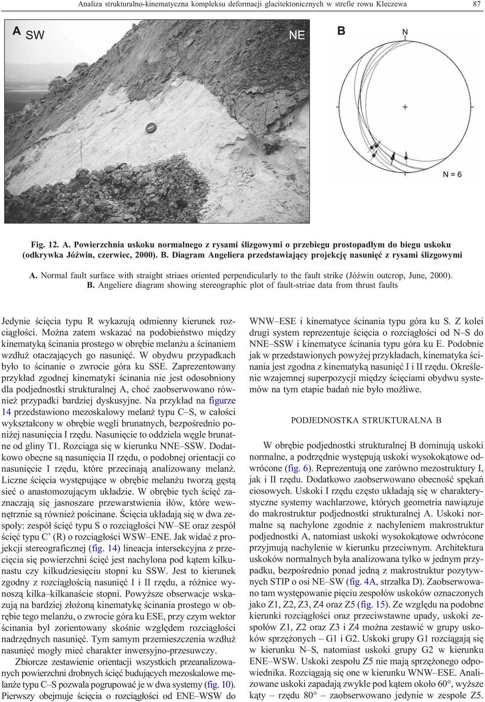 Diagram Angeliera przedstawiaj¹cy projekcjê nasuniêæ z rysami œlizgowymi A. Normal fault surface with straight striaes oriented perpendicularly to the fault strike (JóŸwin outcrop, June, 2000). B.