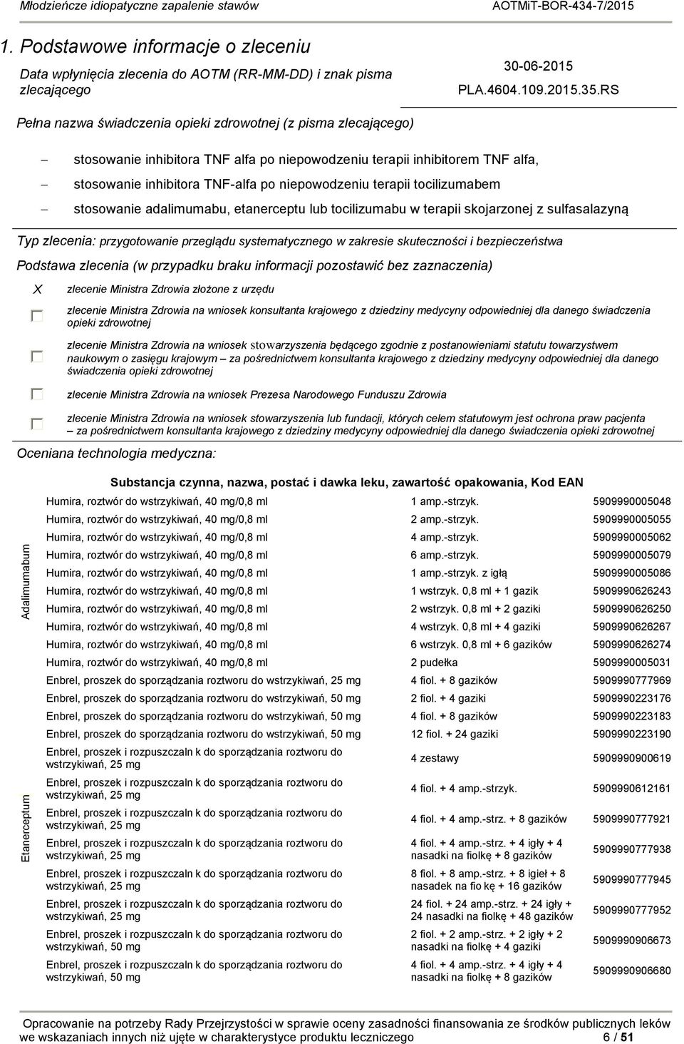 terapii tocilizumabem stosowanie adalimumabu, etanerceptu lub tocilizumabu w terapii skojarzonej z sulfasalazyną Typ zlecenia: przygotowanie przeglądu systematycznego w zakresie skuteczności i