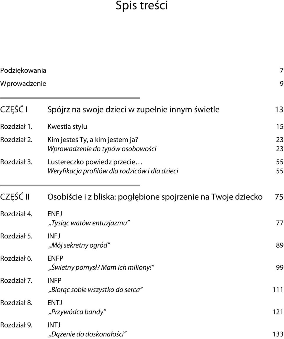 Lustereczko powiedz przecie 55 Weryfikacja profilów dla rodziców i dla dzieci 55 CZĘŚĆ II Osobiście i z bliska: pogłębione spojrzenie na Twoje dziecko 75 Rozdział