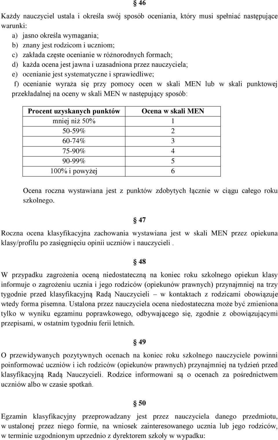 punktowej przekładalnej na oceny w skali MEN w następujący sposób: Procent uzyskanych punktów Ocena w skali MEN mniej niż 50% 1 50-59% 2 60-74% 3 75-90% 4 90-99% 5 100% i powyżej 6 Ocena roczna