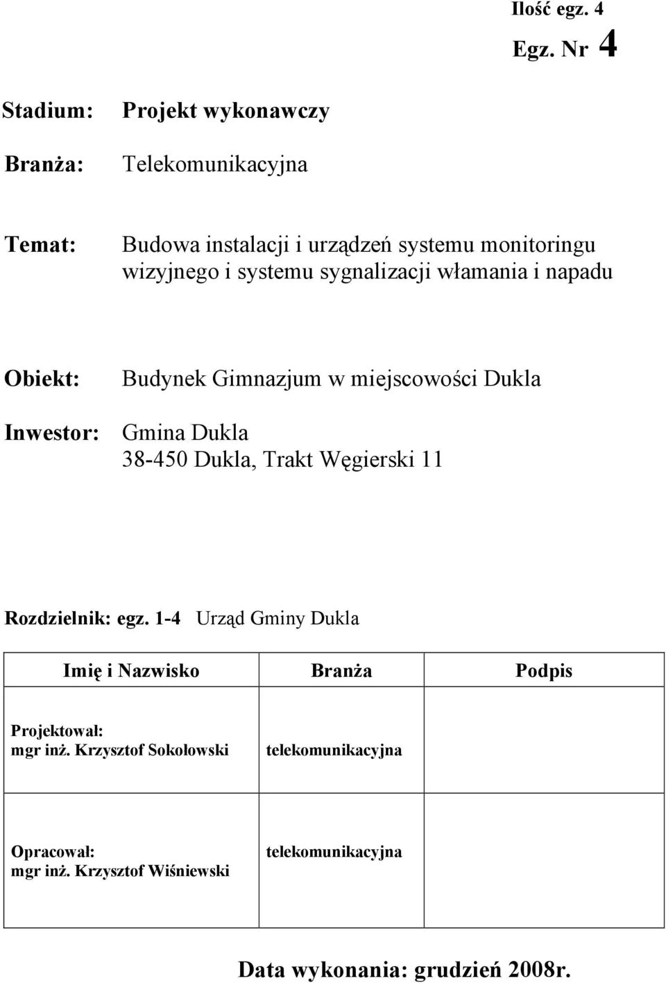 i systemu sygnalizacji włamania i napadu Obiekt: Budynek Gimnazjum w miejscowości Dukla Inwestor: Gmina Dukla 38-450 Dukla,