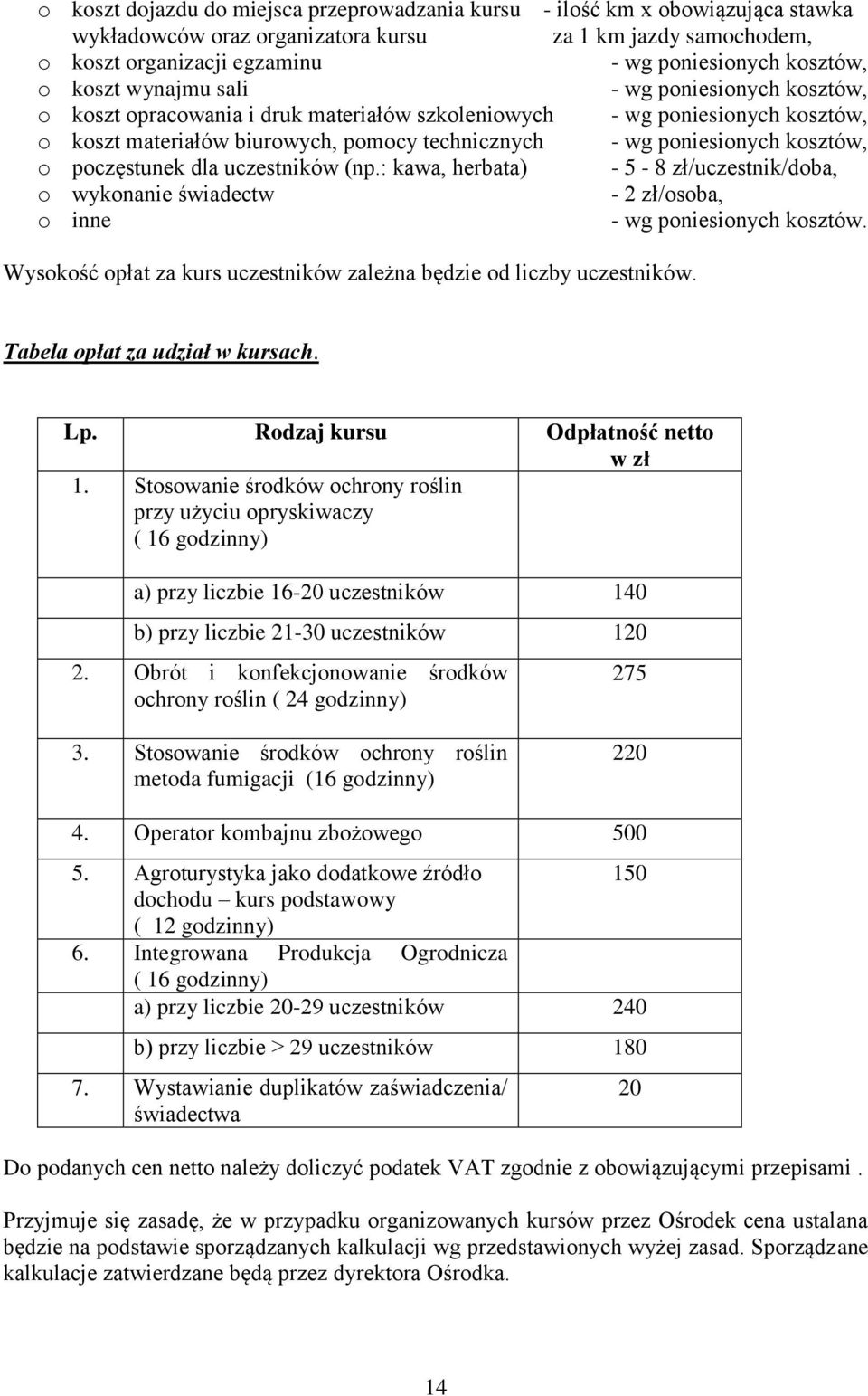 kosztów, o poczęstunek dla uczestników (np.: kawa, herbata) - 5-8 zł/uczestnik/doba, o wykonanie świadectw - 2 zł/osoba, o inne - wg poniesionych kosztów.