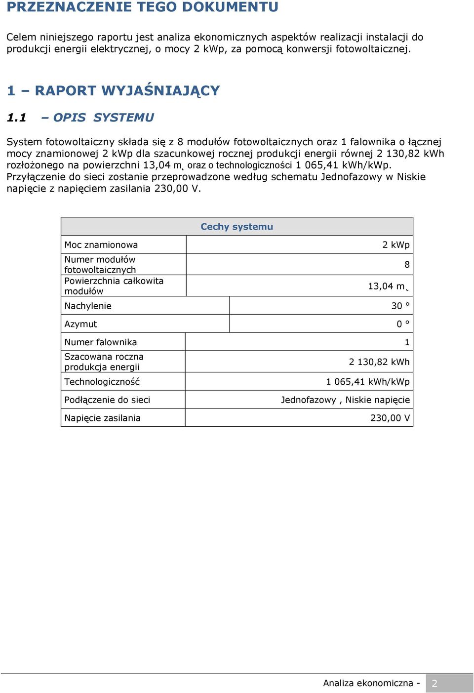1 OPIS SYSTEMU System fotowoltaiczny składa się z 8 modułów fotowoltaicznych oraz 1 falownika o łącznej mocy znamionowej 2 kwp dla szacunkowej rocznej produkcji energii równej 2 130,82 kwh