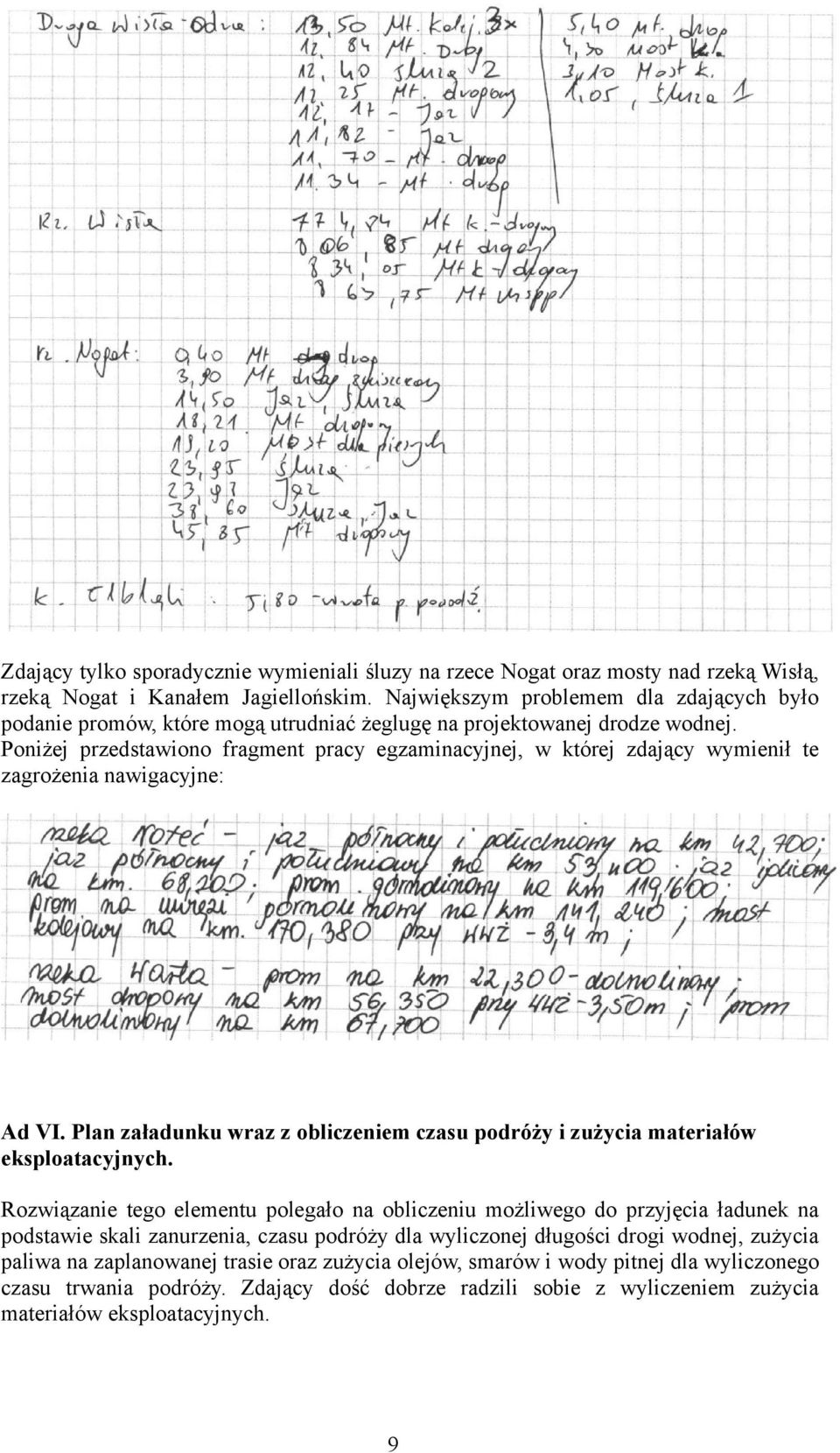 Poniżej przedstawiono fragment pracy egzaminacyjnej, w której zdający wymienił te zagrożenia nawigacyjne: Ad VI. Plan załadunku wraz z obliczeniem czasu podróży i zużycia materiałów eksploatacyjnych.