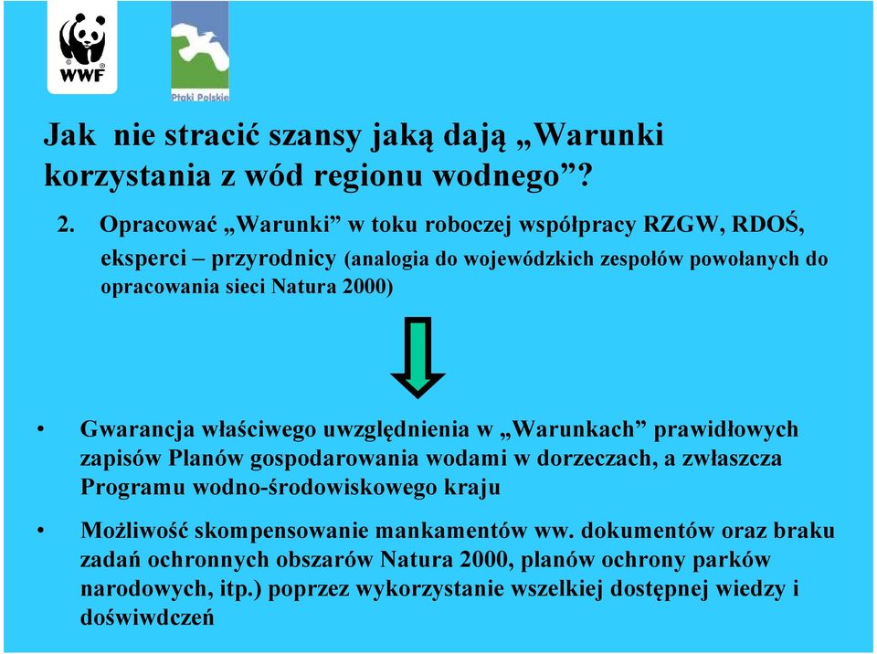 Natura 2000) Gwarancja właściwego uwzględnienia w Warunkach prawidłowych zapisów Planów gospodarowania wodami w dorzeczach, a zwłaszcza Programu