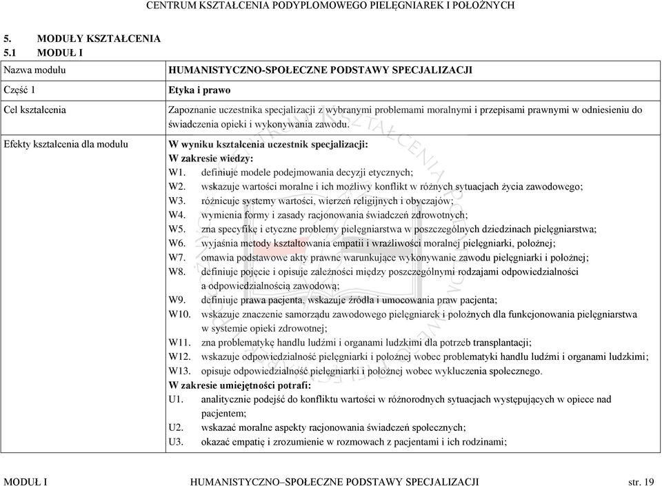 moralnymi i przepisami prawnymi w odniesieniu do świadczenia opieki i wykonywania zawodu. W wyniku kształcenia uczestnik specjalizacji: W zakresie wiedzy: W1.
