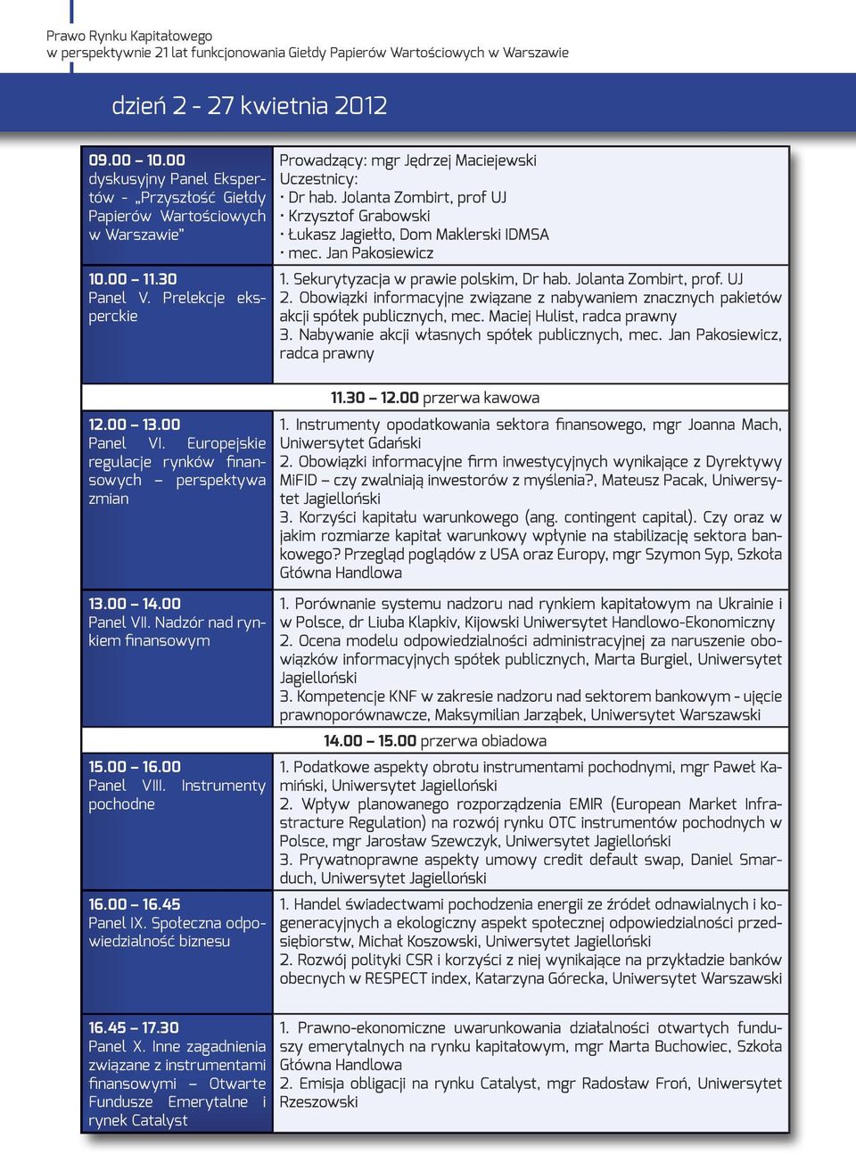 Europejskie regulacje rynków finansowych perspektywa zmian 13.00 14.00 Panel VII. Nadzór nad rynkiem finansowym 15.00 16.00 Panel VIII.