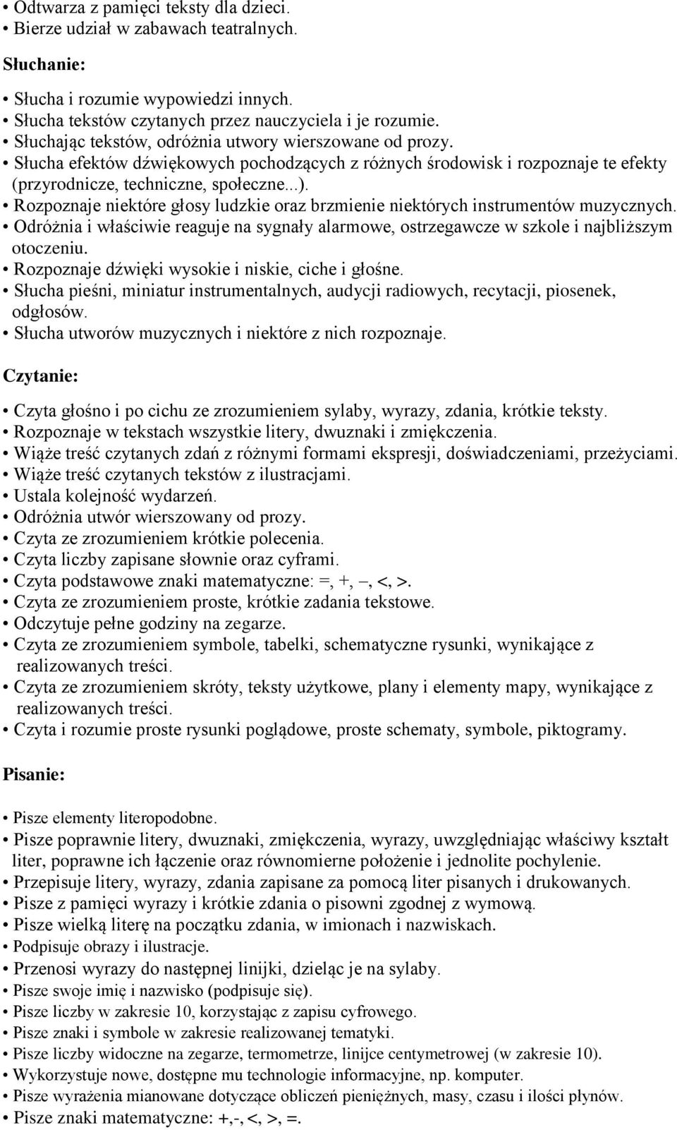 Rozpoznaje niektóre głosy ludzkie oraz brzmienie niektórych instrumentów muzycznych. Odróżnia i właściwie reaguje na sygnały alarmowe, ostrzegawcze w szkole i najbliższym otoczeniu.
