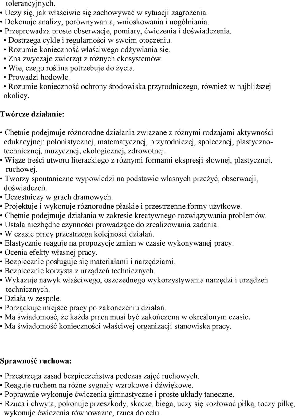 Zna zwyczaje zwierząt z różnych ekosystemów. Wie, czego roślina potrzebuje do życia. Prowadzi hodowle. Rozumie konieczność ochrony środowiska przyrodniczego, również w najbliższej okolicy.