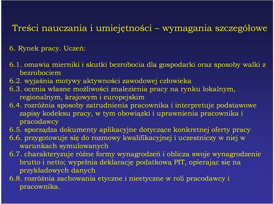 rozróŝnia sposoby zatrudnienia pracownika i interpretuje podstawowe zapisy kodeksu pracy, w tym obowiązki i uprawnienia pracownika i pracodawcy 6.5.