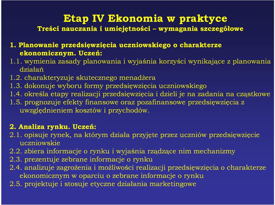 prognozuje efekty finansowe oraz pozafinansowe przedsięwzięcia z uwzględnieniem kosztów i przychodów. 2. Analiza rynku. Uczeń: 2.1.