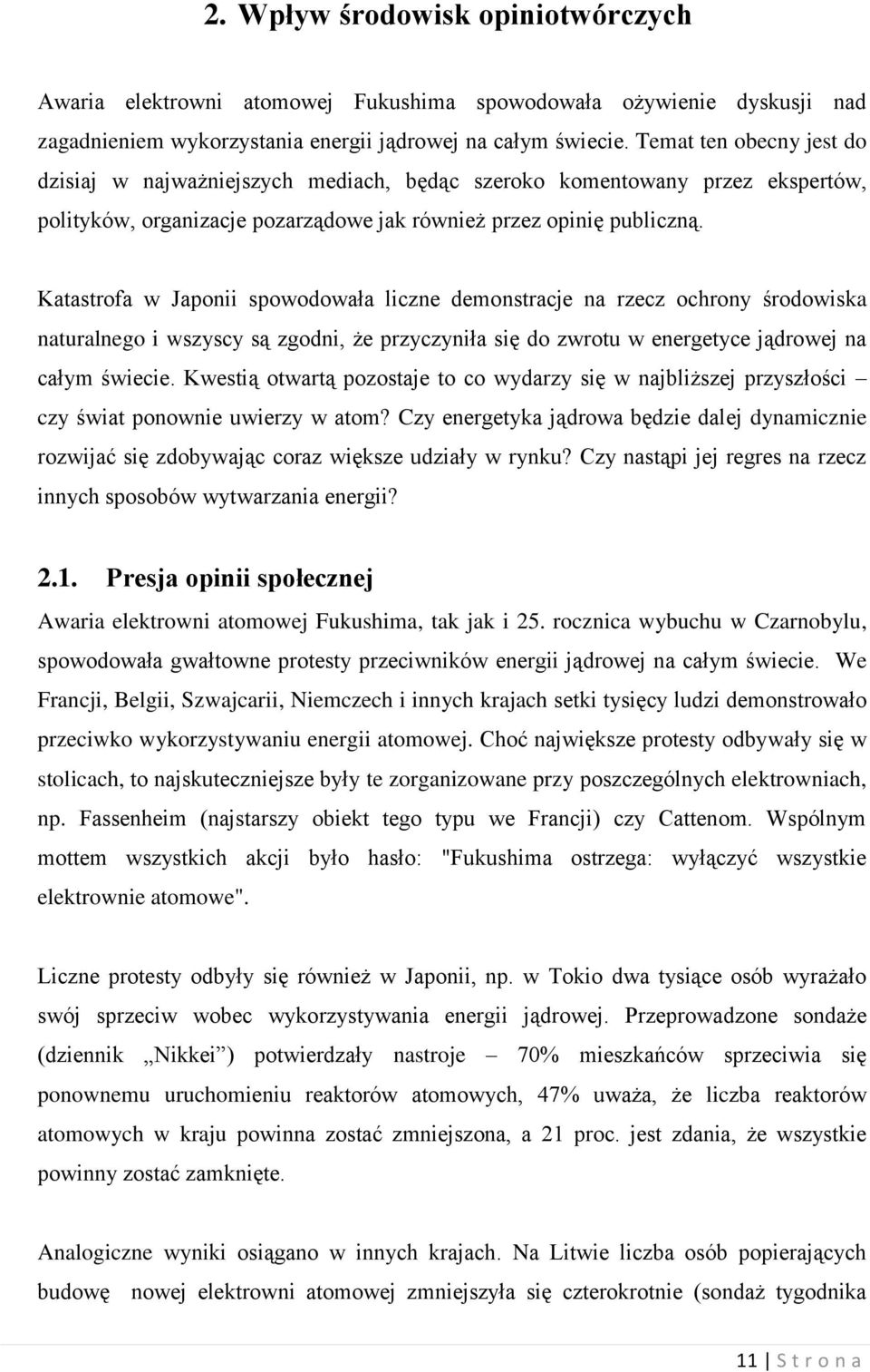 Katastrofa w Japonii spowodowała liczne demonstracje na rzecz ochrony środowiska naturalnego i wszyscy są zgodni, że przyczyniła się do zwrotu w energetyce jądrowej na całym świecie.