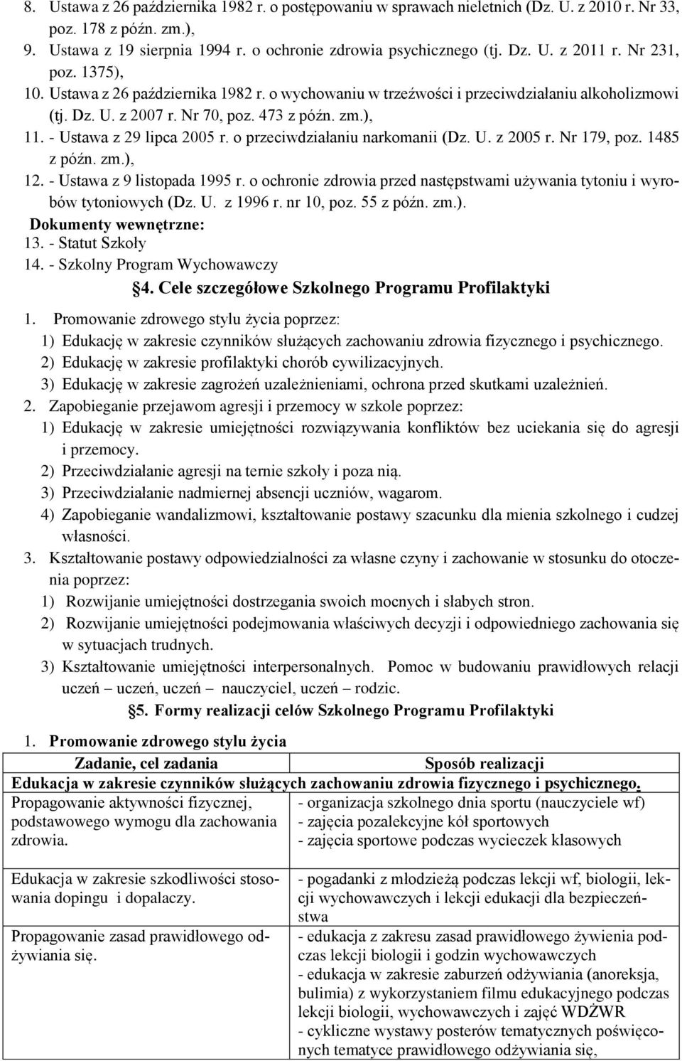 o przeciwdziałaniu narkomanii (Dz. U. z 2005 r. Nr 179, poz. 1485 z późn. zm.), 12. - Ustawa z 9 listopada 1995 r. o ochronie zdrowia przed następstwami używania tytoniu i wyrobów tytoniowych (Dz. U. z 1996 r.