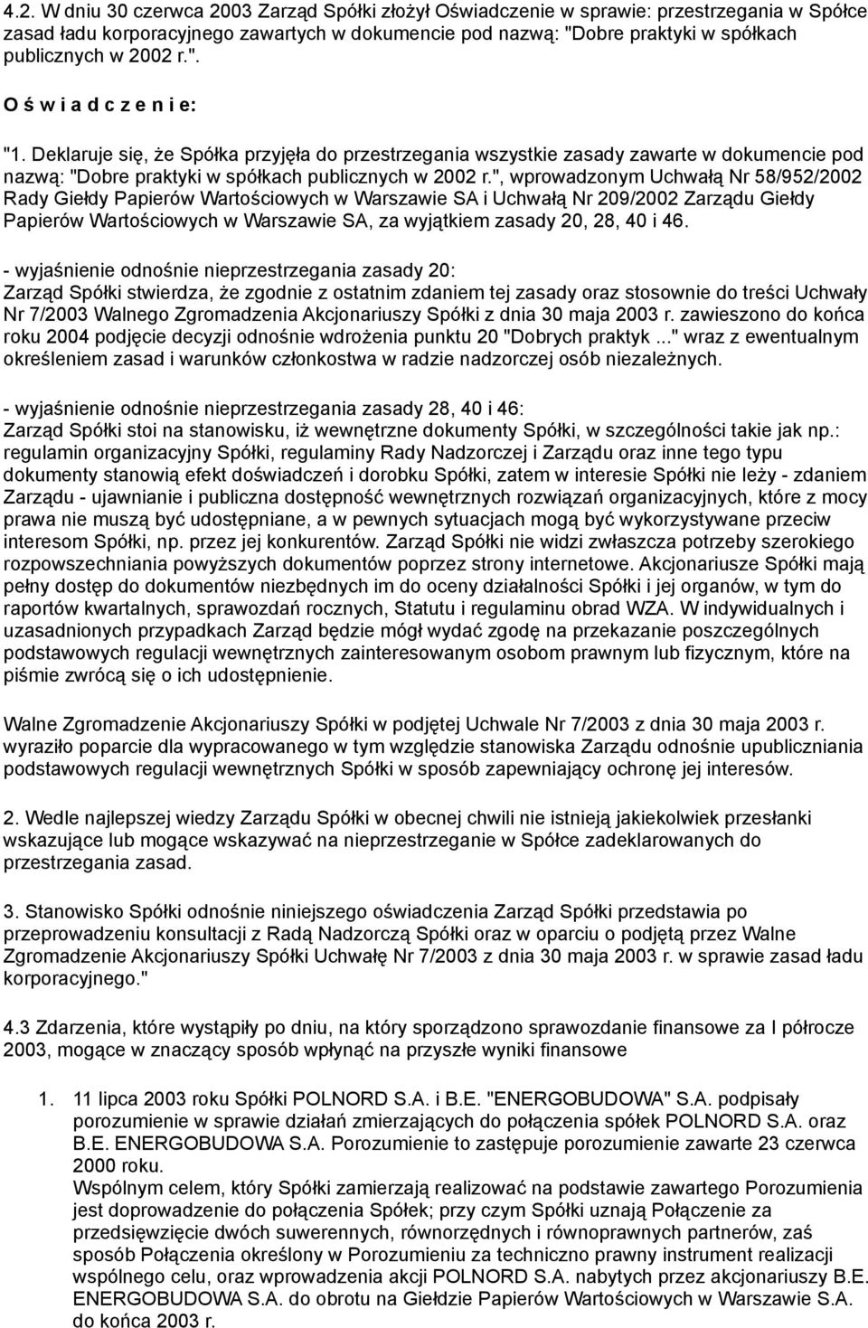 ", wprowadzonym Uchwałą Nr 58/952/2002 Rady Giełdy Papierów Wartościowych w Warszawie SA i Uchwałą Nr 209/2002 Zarządu Giełdy Papierów Wartościowych w Warszawie SA, za wyjątkiem zasady 20, 28, 40 i