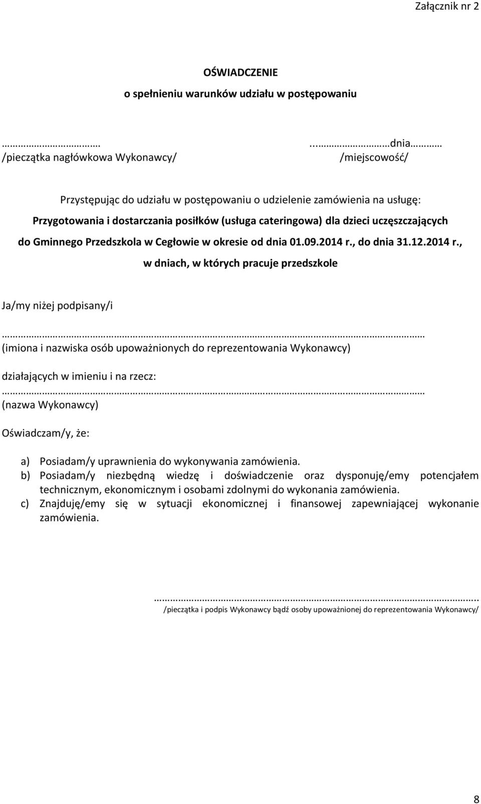 Przedszkola w Cegłowie w okresie od dnia 01.09.2014 r.