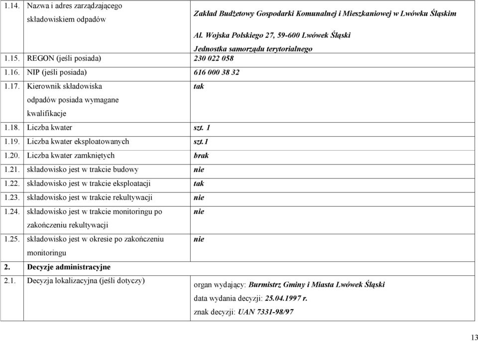 Kierownik składowiska odpadów posiada wymagane kwalifikacje 1.18. Liczba kwater szt. 1 tak 1.19. Liczba kwater eksploatowanych szt.1 1.20. Liczba kwater zamkniętych brak 1.21.