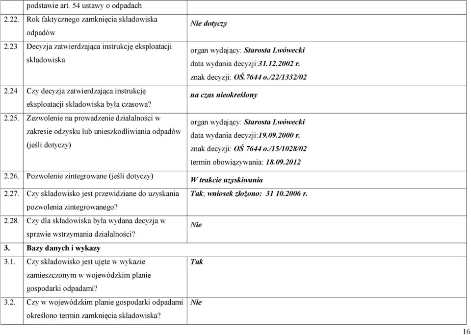 Pozwolenie zintegrowane (jeśli dotyczy) 2.27. Czy składowisko jest przewidziane do uzyskania pozwolenia zintegrowanego? 2.28.