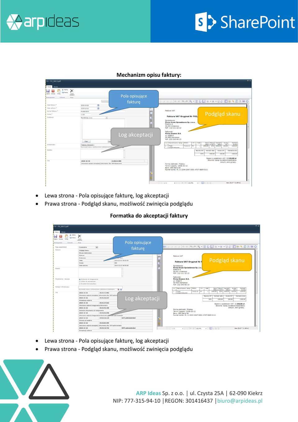 Formatka do akceptacji faktury Pola opisujące fakturę Podgląd skanu Log akceptacji Lewa strona
